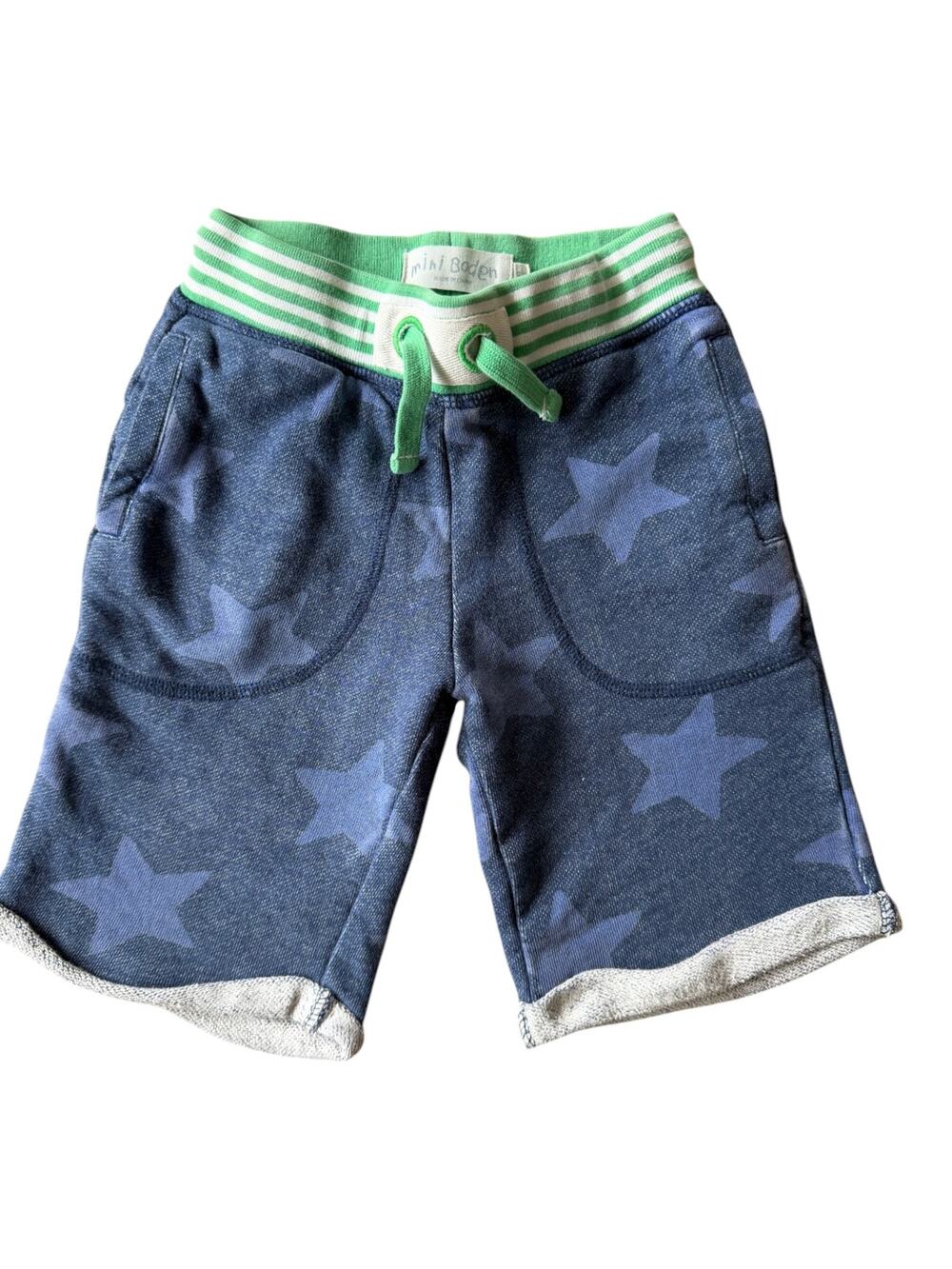 Mini Boden Navy Star Print Jersey Shorts Boys 5Y Green Stripe Waistband